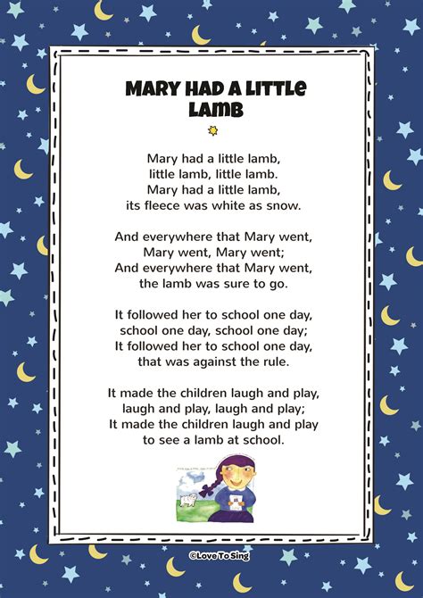 Nov 6, 2018 · ‘Mary Had a Little Lamb’ has inspired such far-fetched and easily disproved theories, another of which is that a Welsh girl names Mary Thomas (later Hughes) was the original Mary in 1847. Unfortunately, since ‘Mary Had a Little Lamb’ had already been in print for seventeen years by the time Mary Thomas’s lamb got round to following ... 